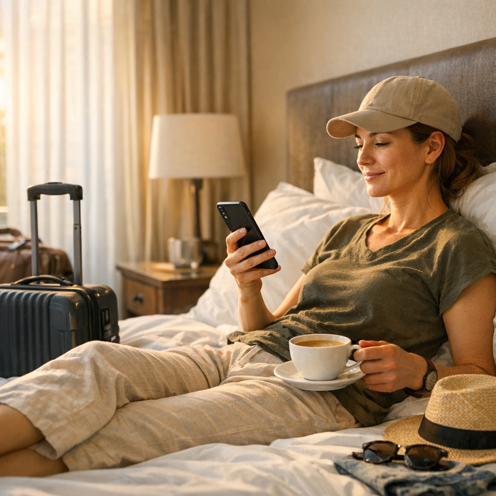 Traveler resting with a phone and coffee in a hotel room