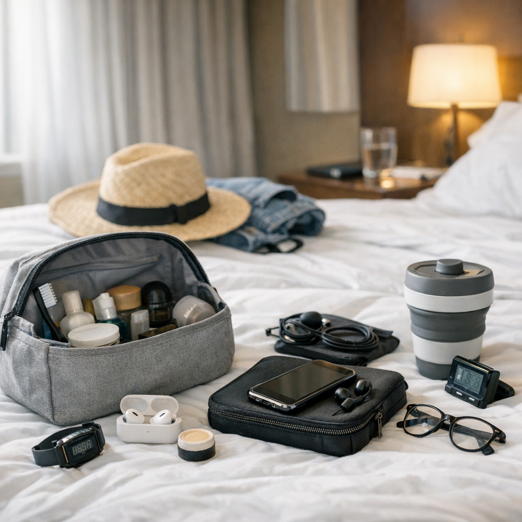 Packed bag and small travel routine items on a bed