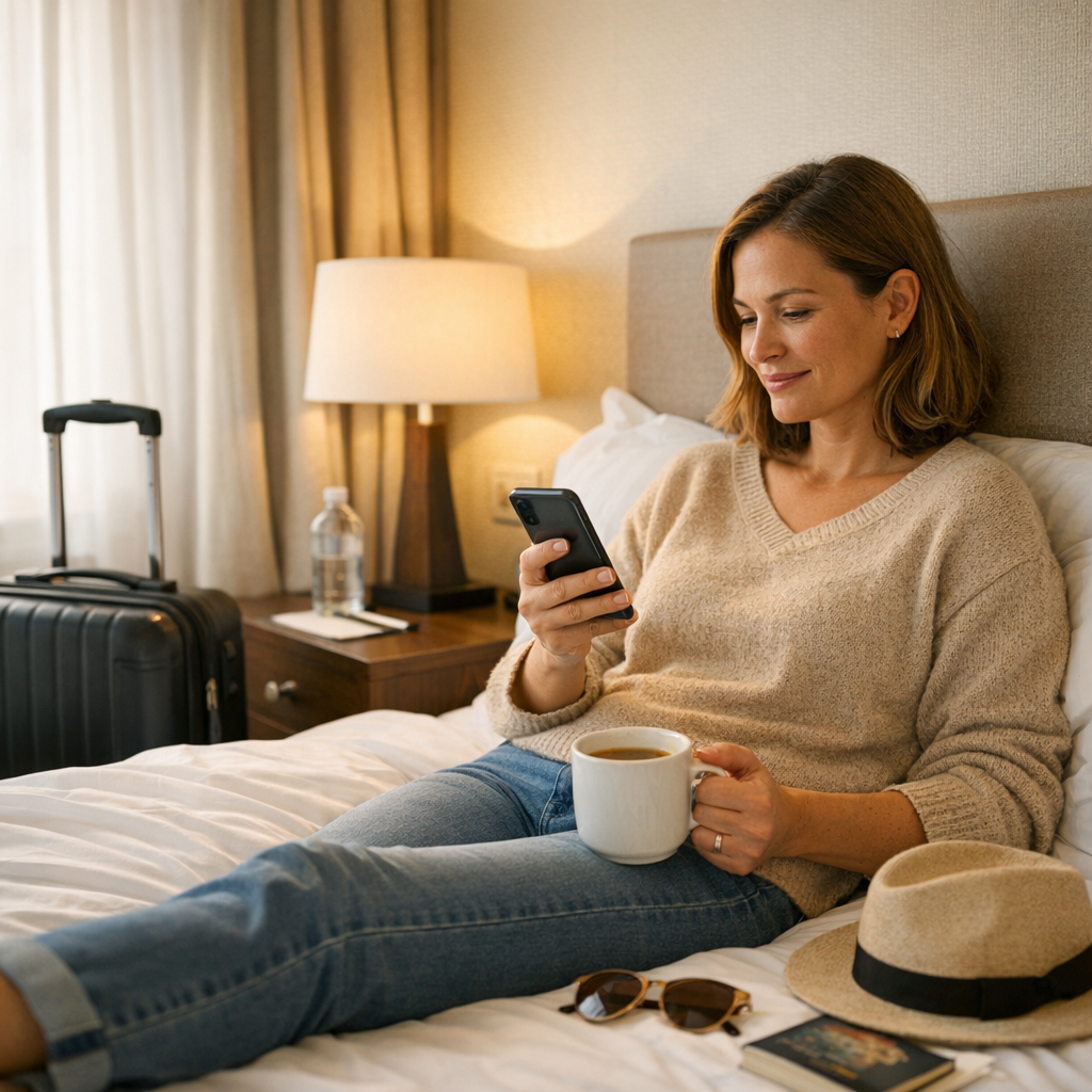 Traveler resting with a phone and coffee in a hotel room