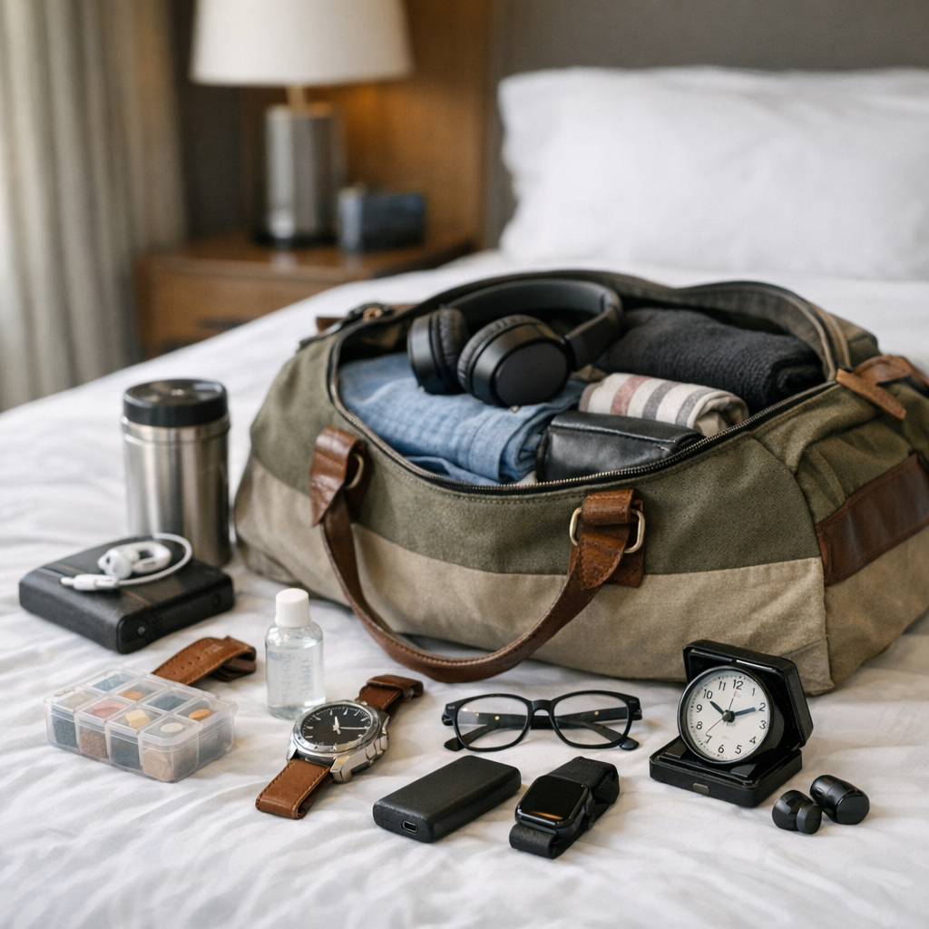 Packed bag and small travel routine items on a bed