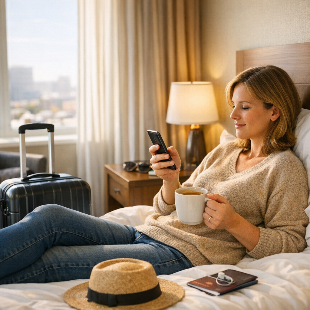 Traveler resting with a phone and coffee in a hotel room