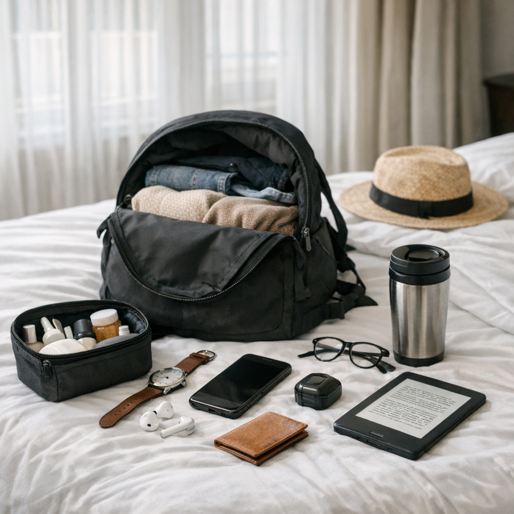 Packed bag and small travel routine items on a bed