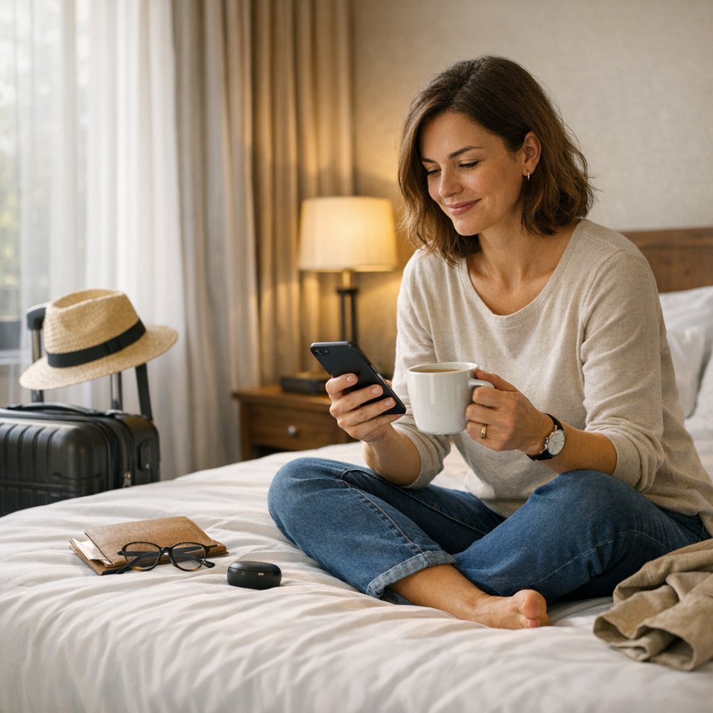 Traveler resting with a phone and coffee in a hotel room