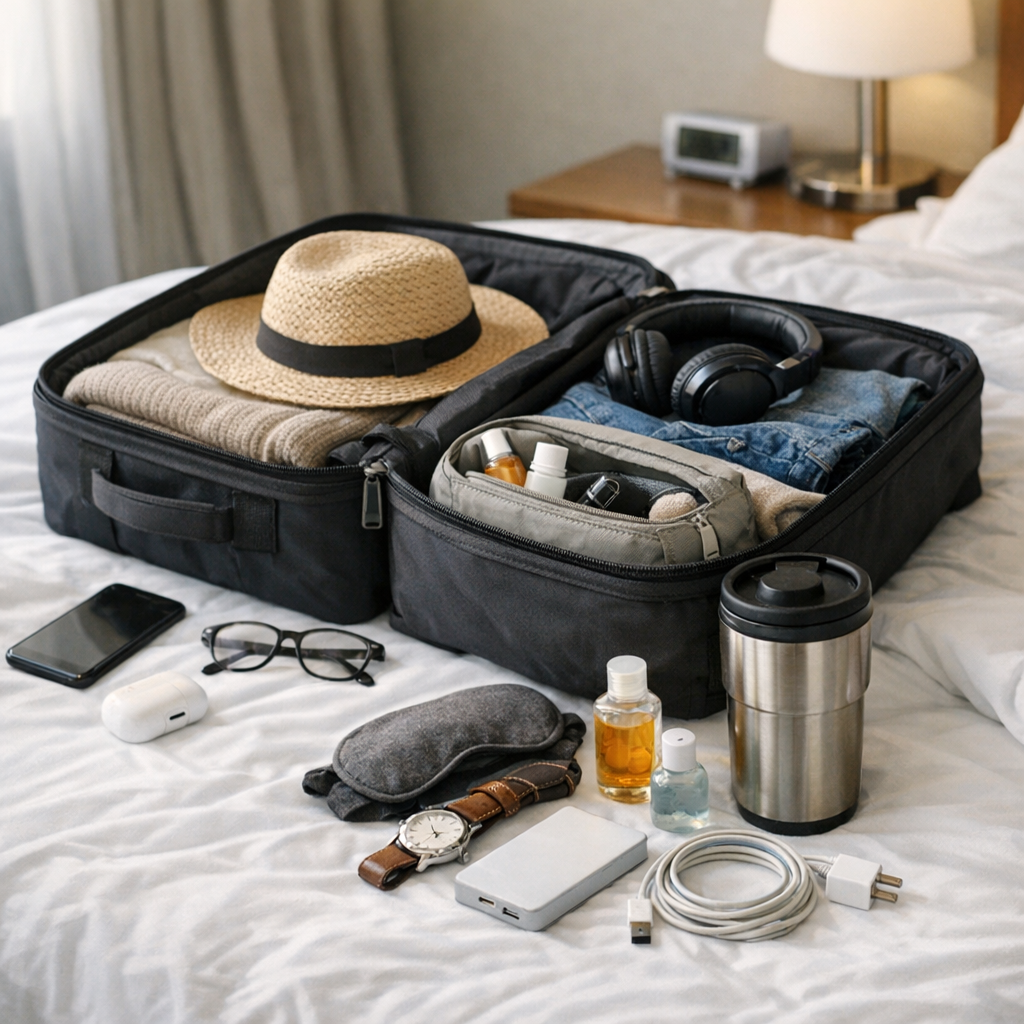 Packed bag and small travel routine items on a bed