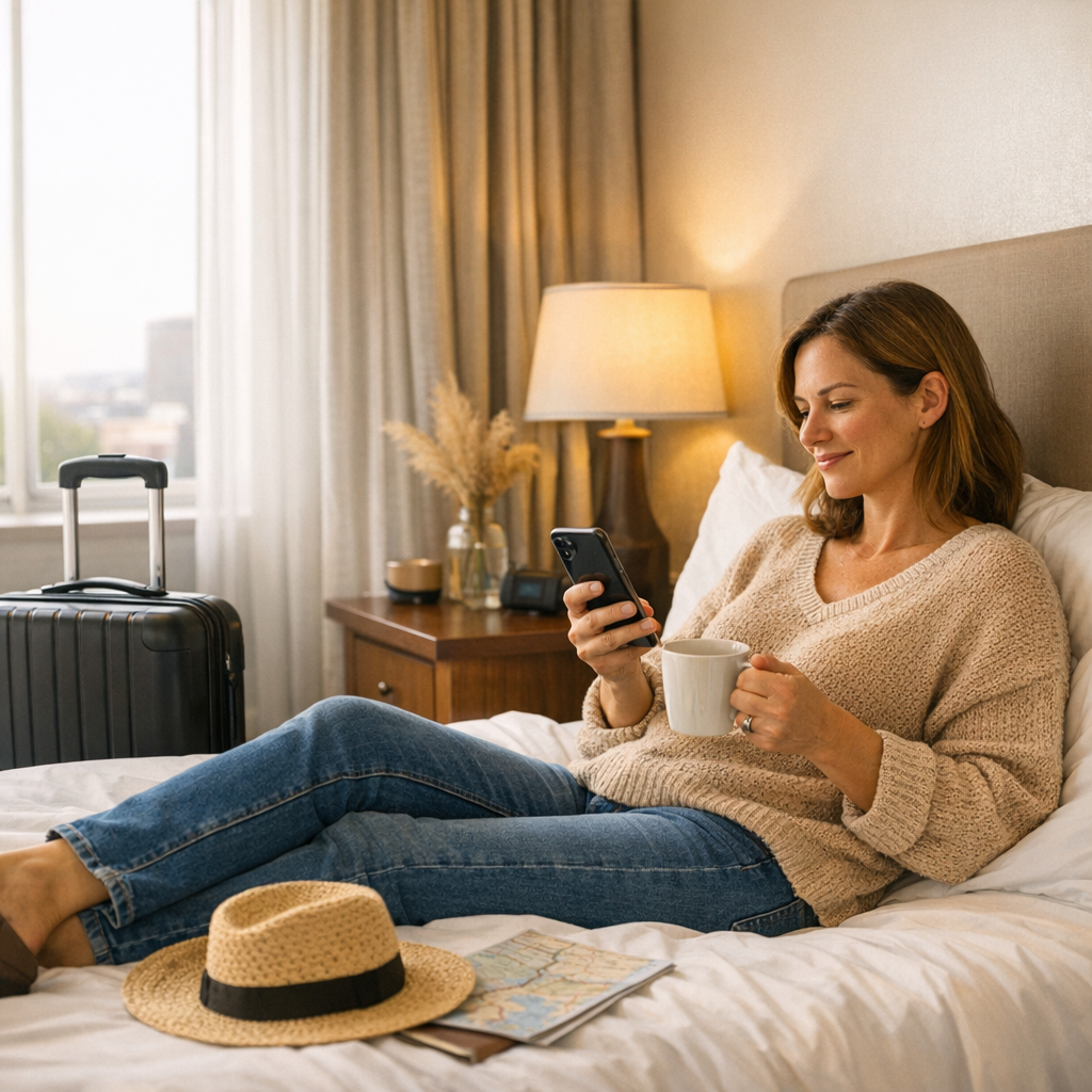 Traveler resting with a phone and coffee in a hotel room