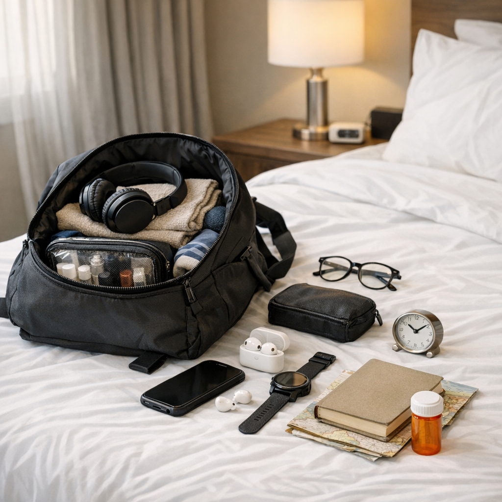 Packed bag and small travel routine items on a bed