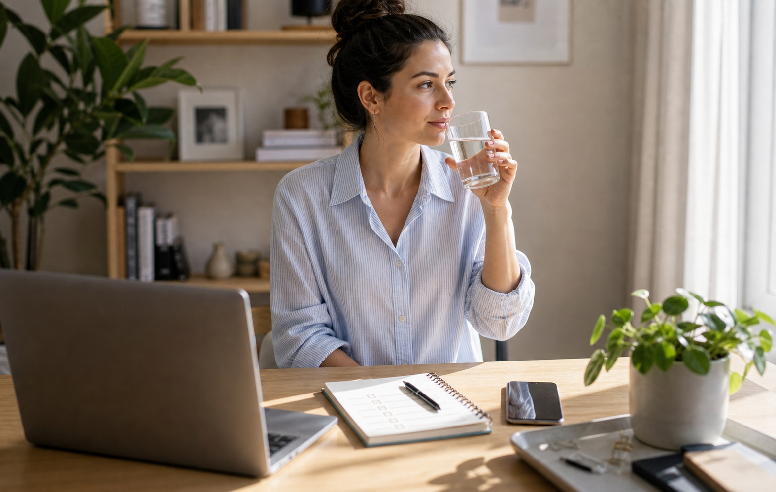 Person at a kitchen table with a glass of water and notebook during an afternoon reset