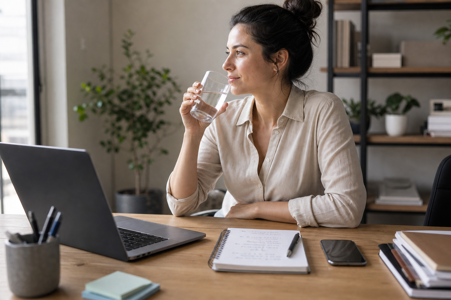 Person writing at a desk with a glass of water and phone during an afternoon reset