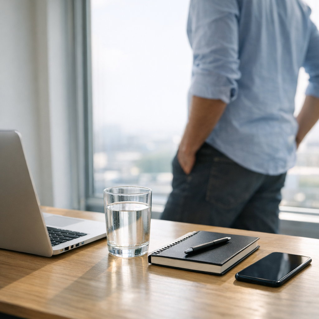 Person stepping away from a laptop with a glass of water during a meeting break