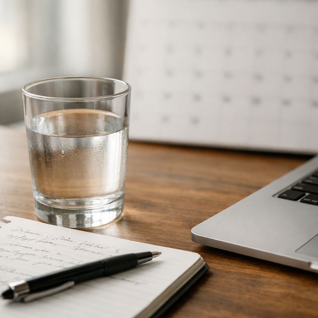 Close-up of a glass of water beside handwritten notes and a laptop trackpad