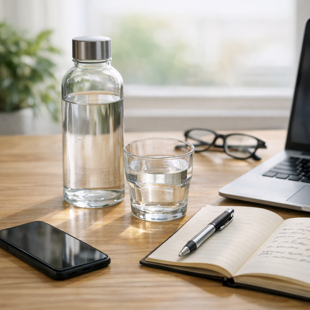 Person writing at a desk with a glass of water and phone during an afternoon reset