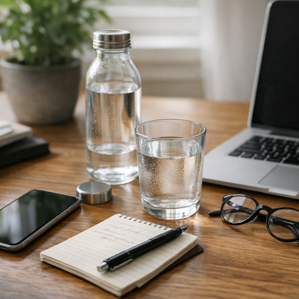 Person writing at a desk with a glass of water and phone during an afternoon reset