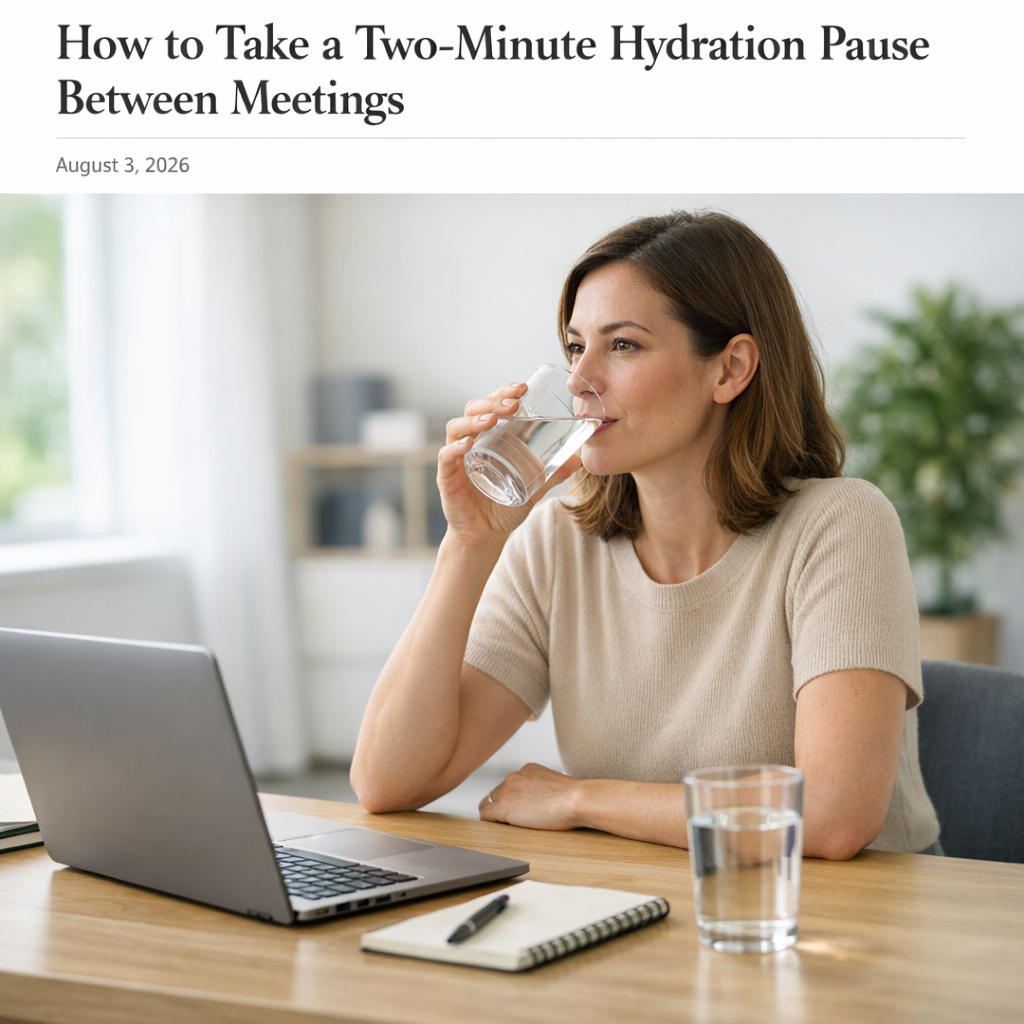 Person at a kitchen table with a glass of water and notebook during an afternoon reset
