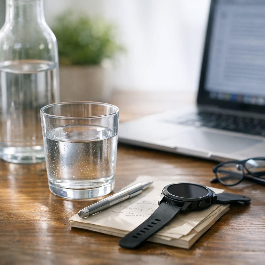 Person writing at a desk with a glass of water and phone during an afternoon reset