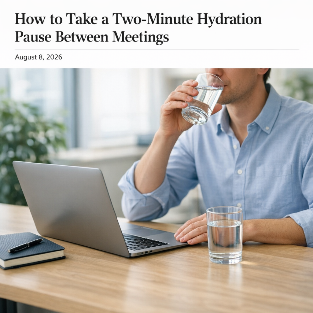 Person at a kitchen table with a glass of water and notebook during an afternoon reset