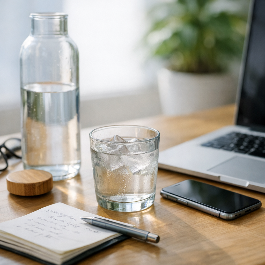 Person writing at a desk with a glass of water and phone during an afternoon reset