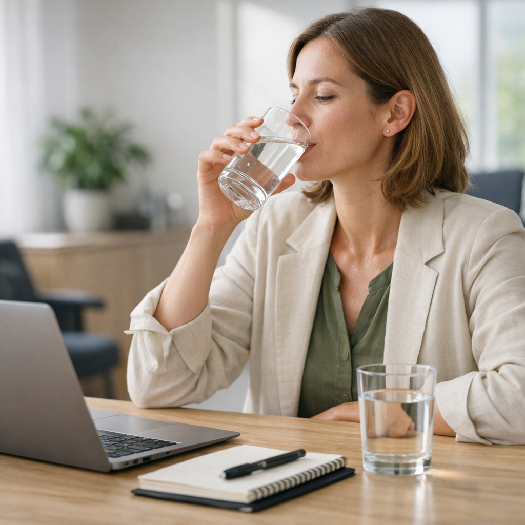 Person at a kitchen table with a glass of water and notebook during an afternoon reset