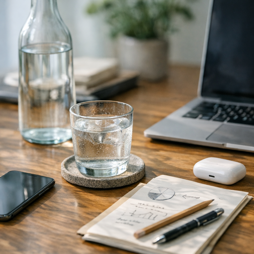 Person writing at a desk with a glass of water and phone during an afternoon reset