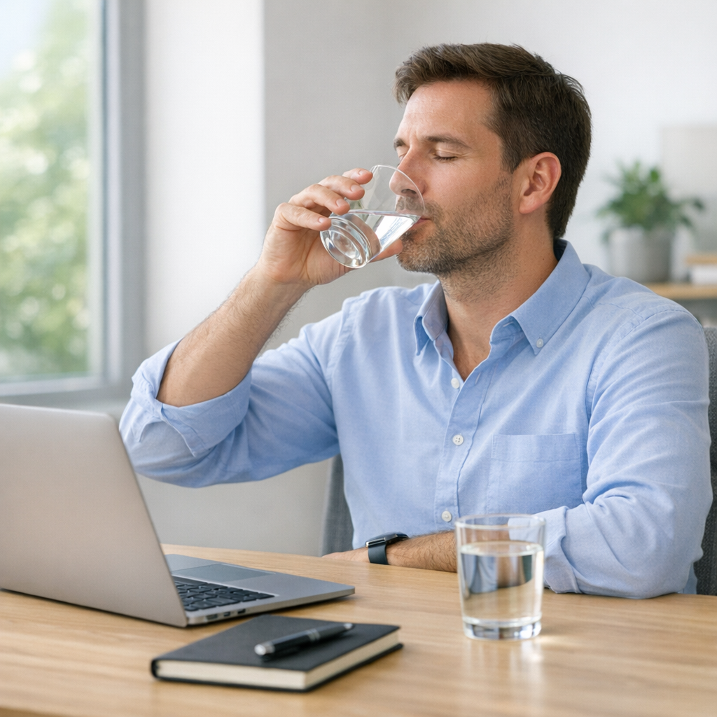 Person at a kitchen table with a glass of water and notebook during an afternoon reset
