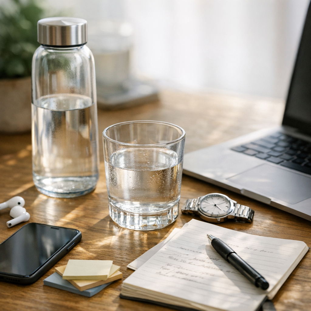 Person writing at a desk with a glass of water and phone during an afternoon reset
