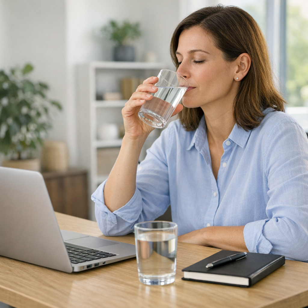 Person at a kitchen table with a glass of water and notebook during an afternoon reset