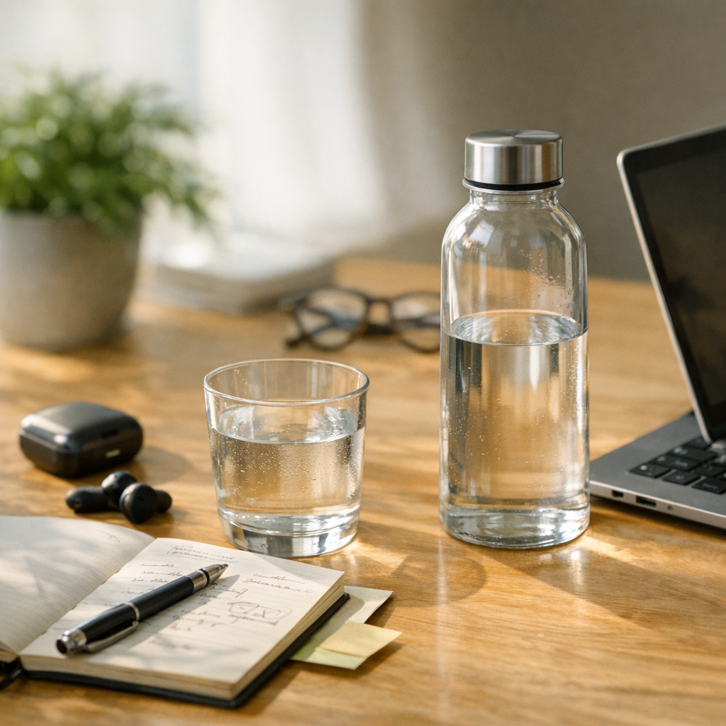 Person writing at a desk with a glass of water and phone during an afternoon reset