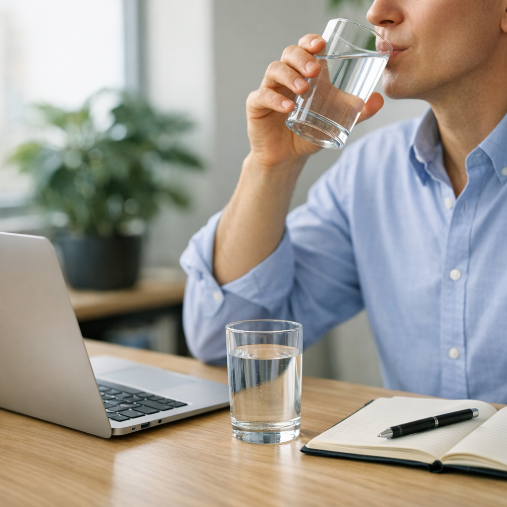 Person at a kitchen table with a glass of water and notebook during an afternoon reset