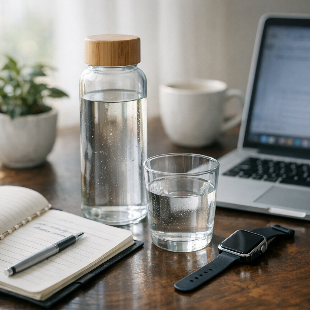 Person writing at a desk with a glass of water and phone during an afternoon reset