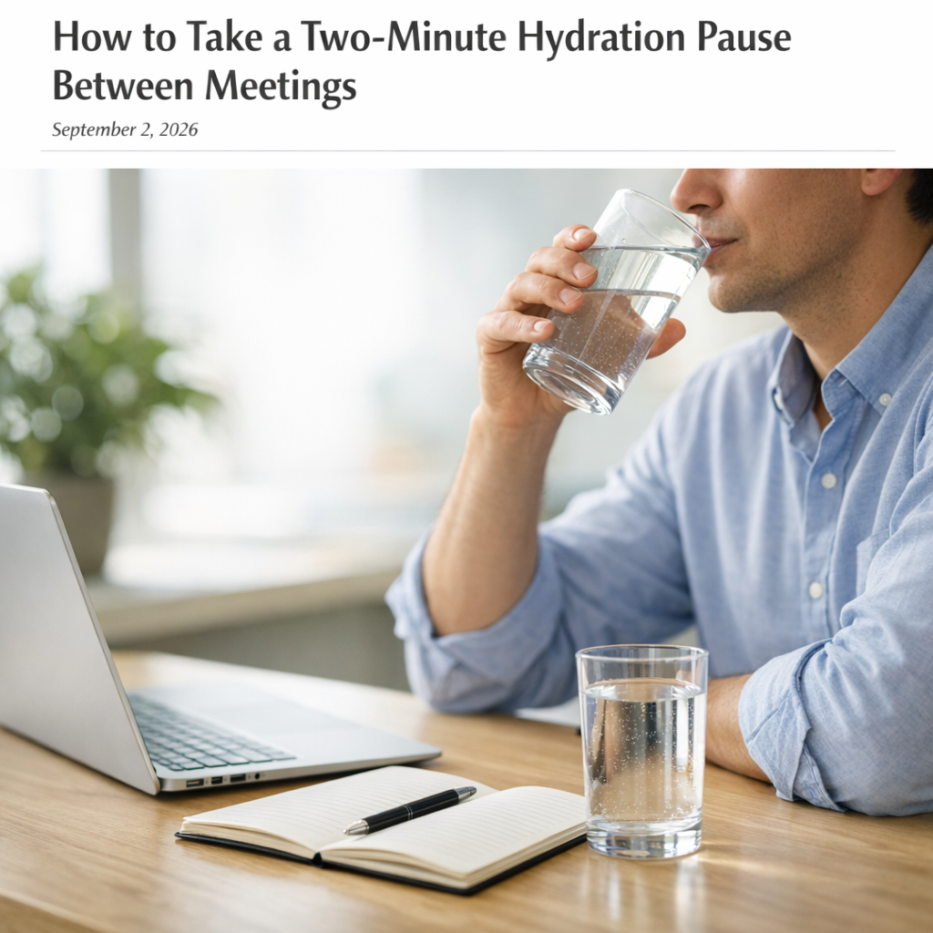 Person at a kitchen table with a glass of water and notebook during an afternoon reset