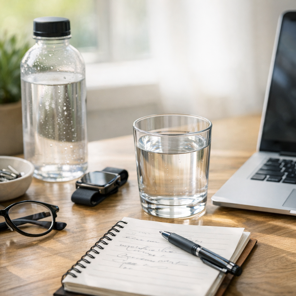 Person writing at a desk with a glass of water and phone during an afternoon reset