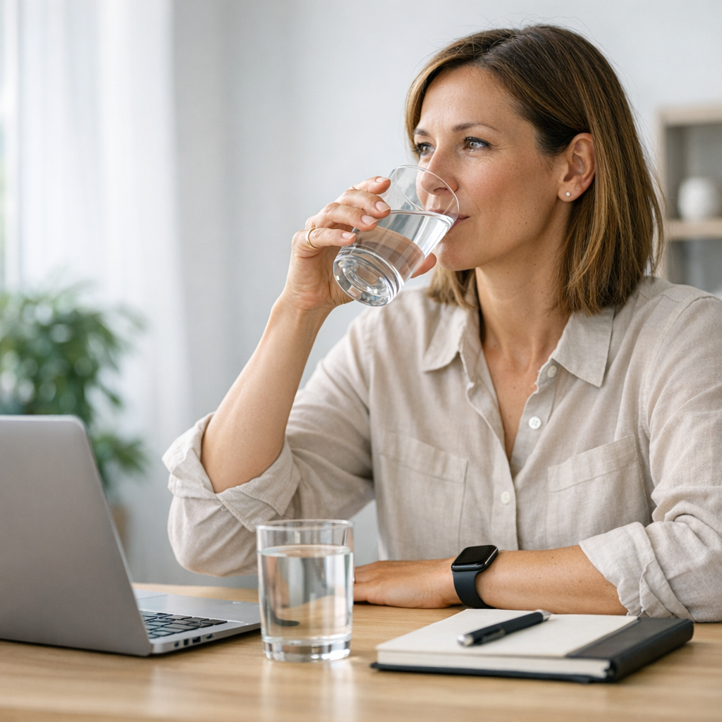 Person at a kitchen table with a glass of water and notebook during an afternoon reset
