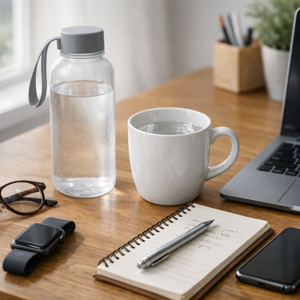 Person writing at a desk with a glass of water and phone during an afternoon reset