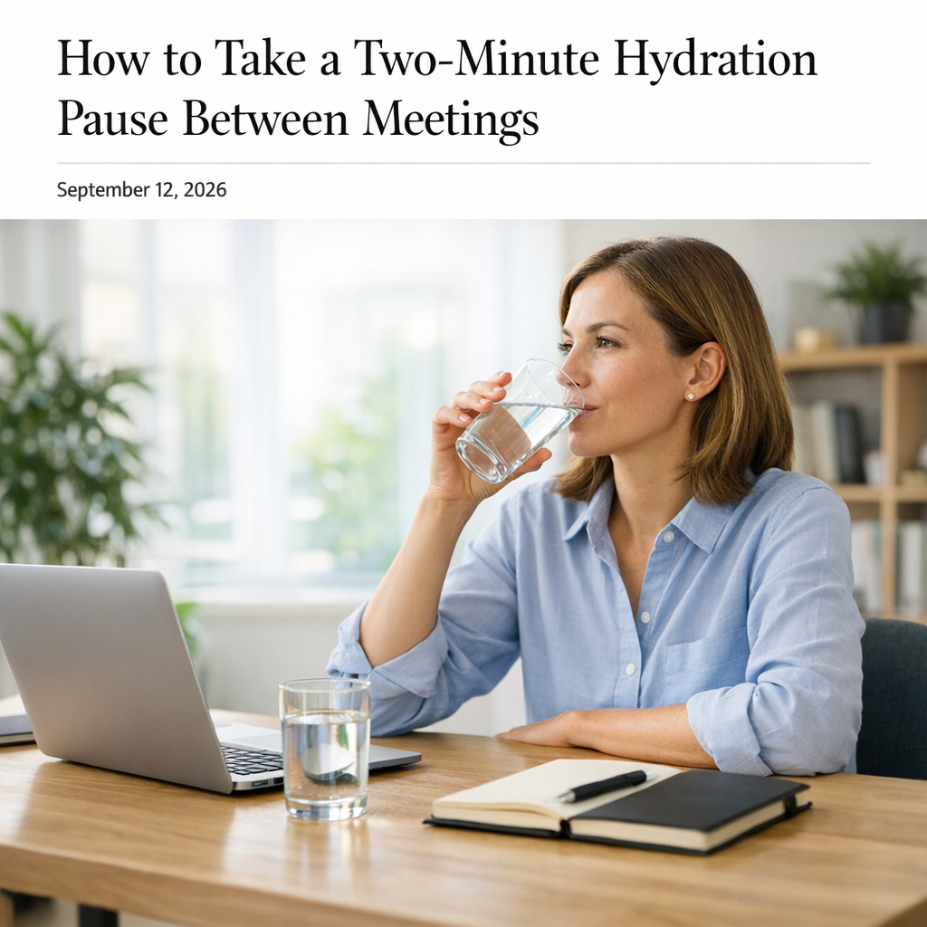 Person at a kitchen table with a glass of water and notebook during an afternoon reset
