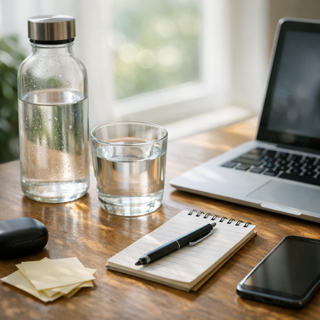 Person writing at a desk with a glass of water and phone during an afternoon reset