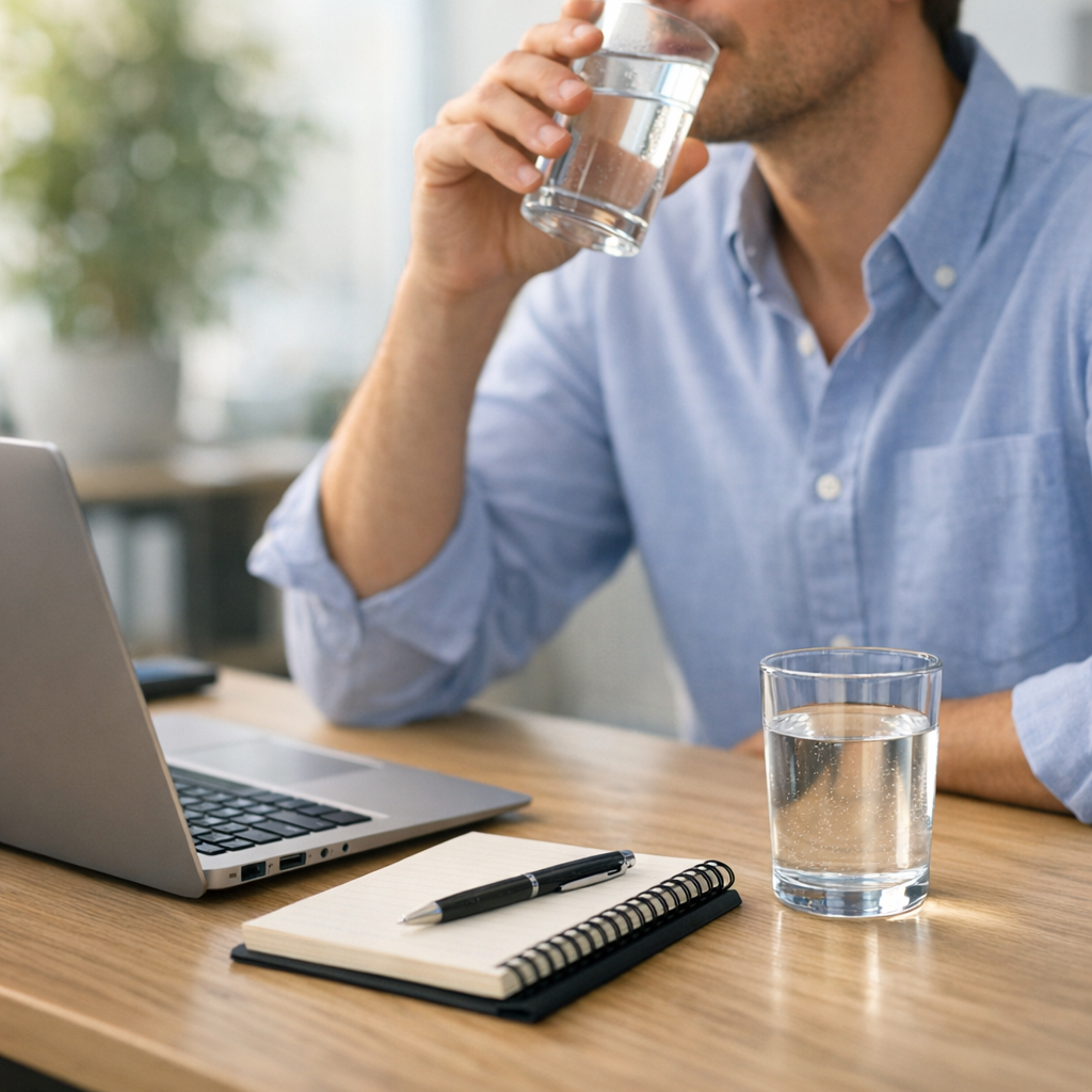 Person at a kitchen table with a glass of water and notebook during an afternoon reset