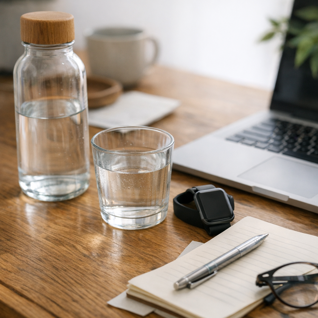Person writing at a desk with a glass of water and phone during an afternoon reset
