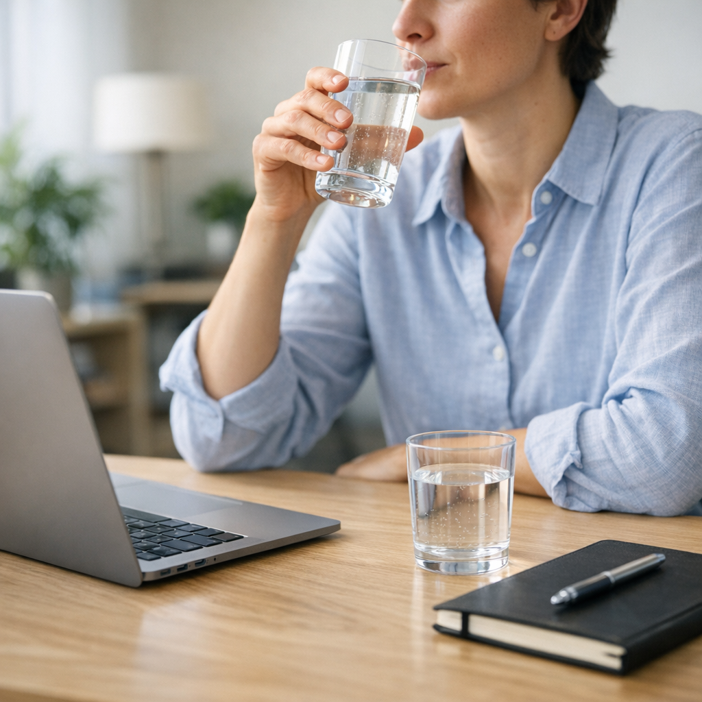Person at a kitchen table with a glass of water and notebook during an afternoon reset