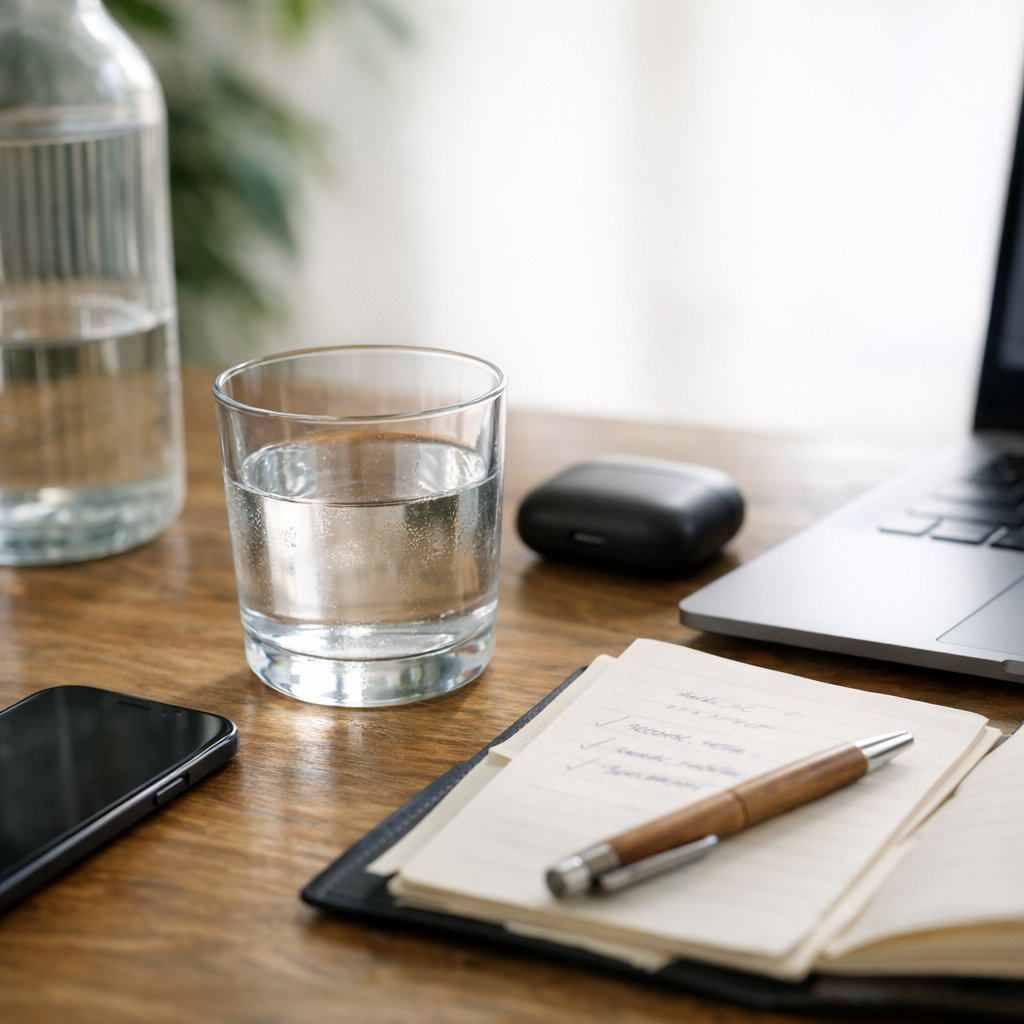 Person writing at a desk with a glass of water and phone during an afternoon reset