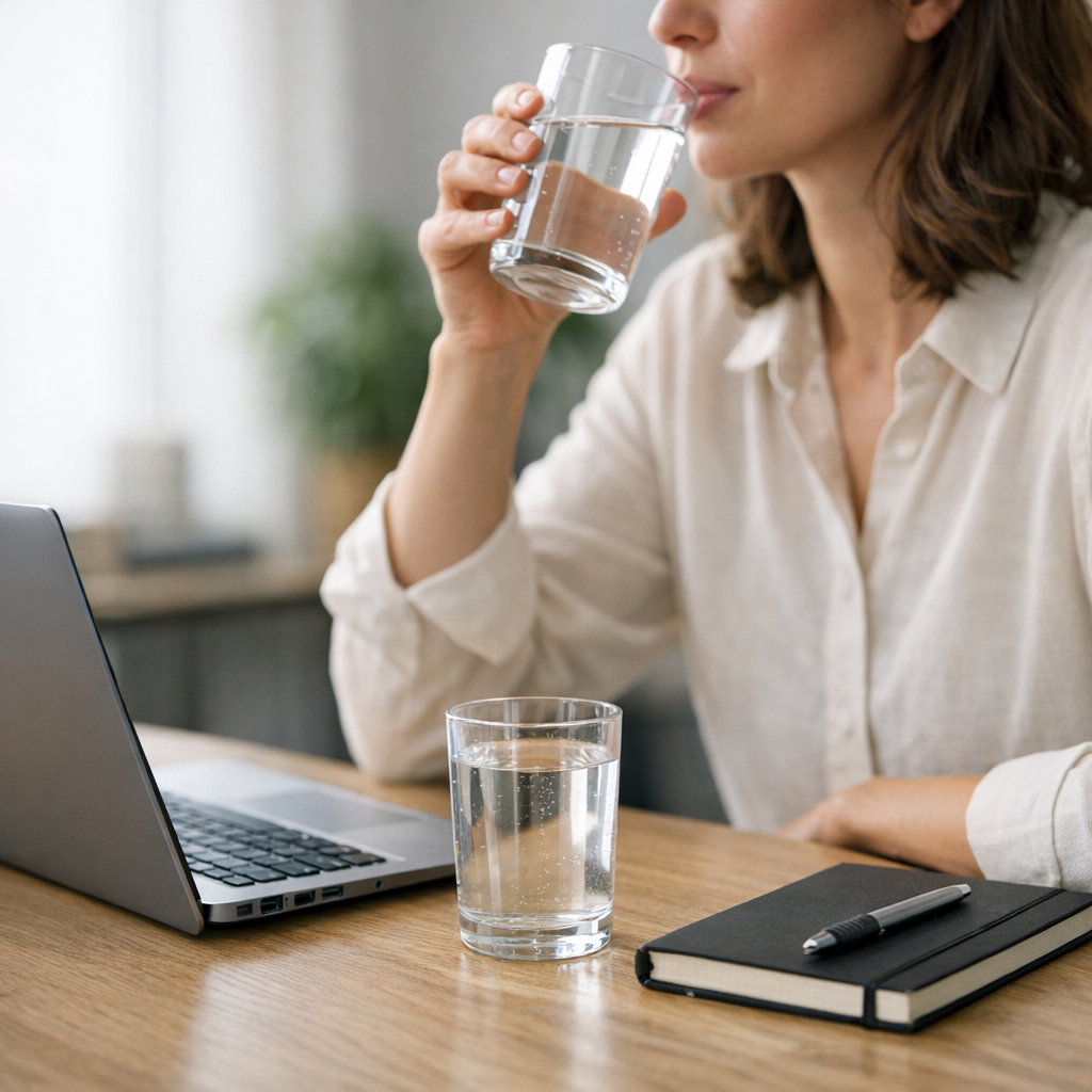 Person at a kitchen table with a glass of water and notebook during an afternoon reset