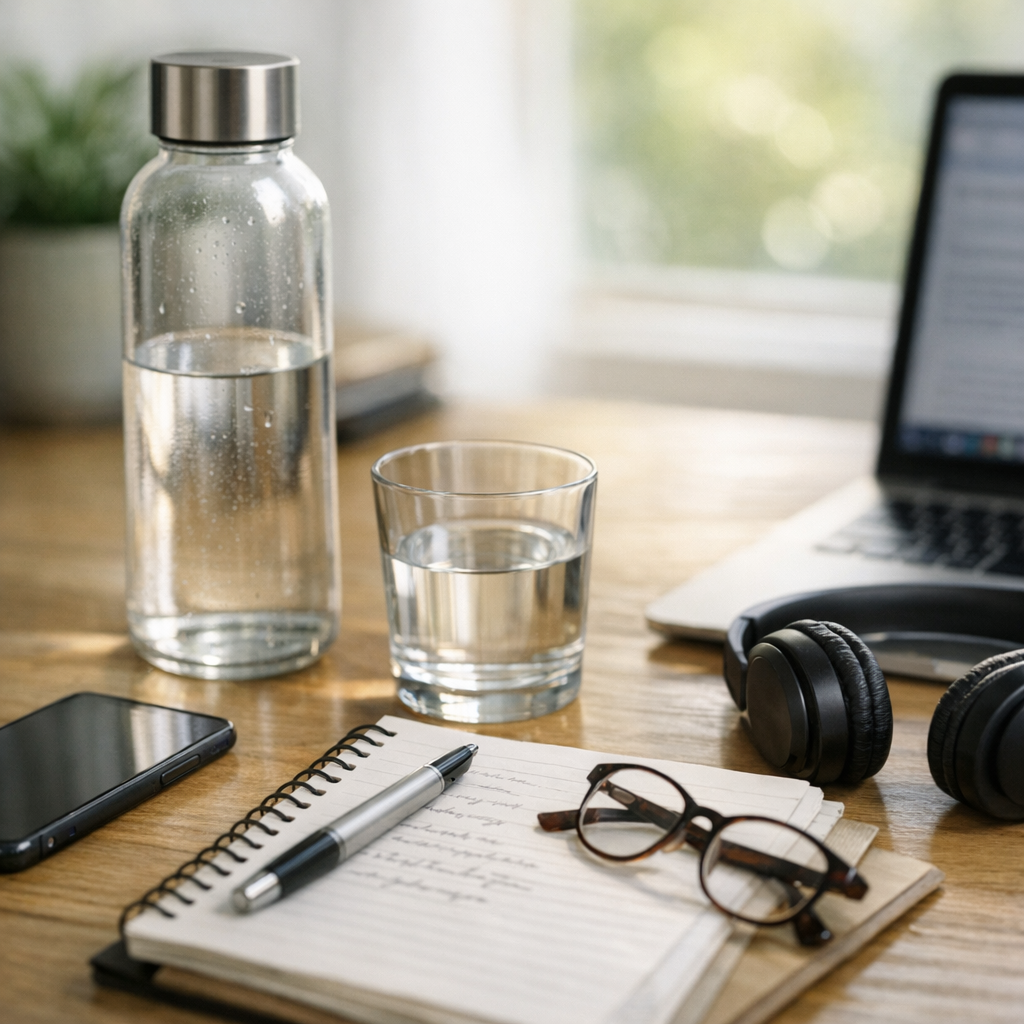 Person writing at a desk with a glass of water and phone during an afternoon reset