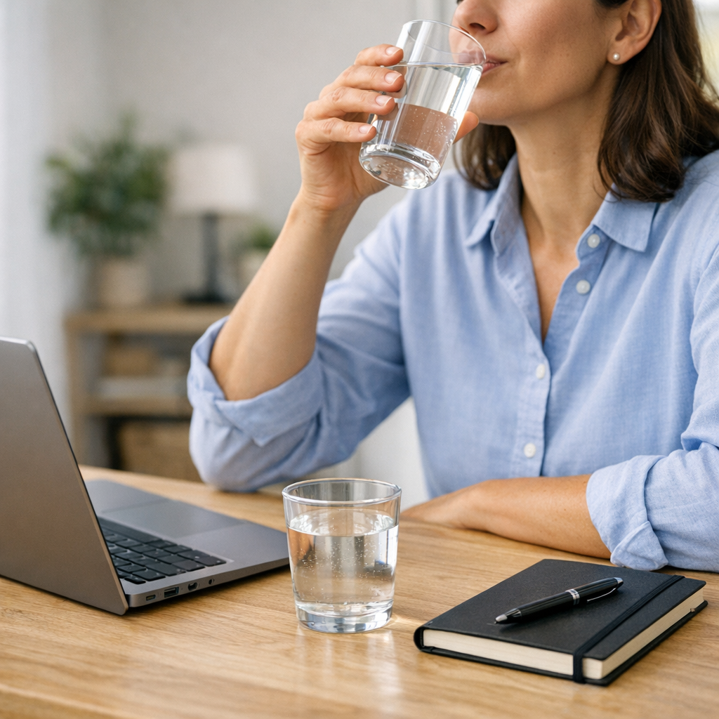 Person at a kitchen table with a glass of water and notebook during an afternoon reset