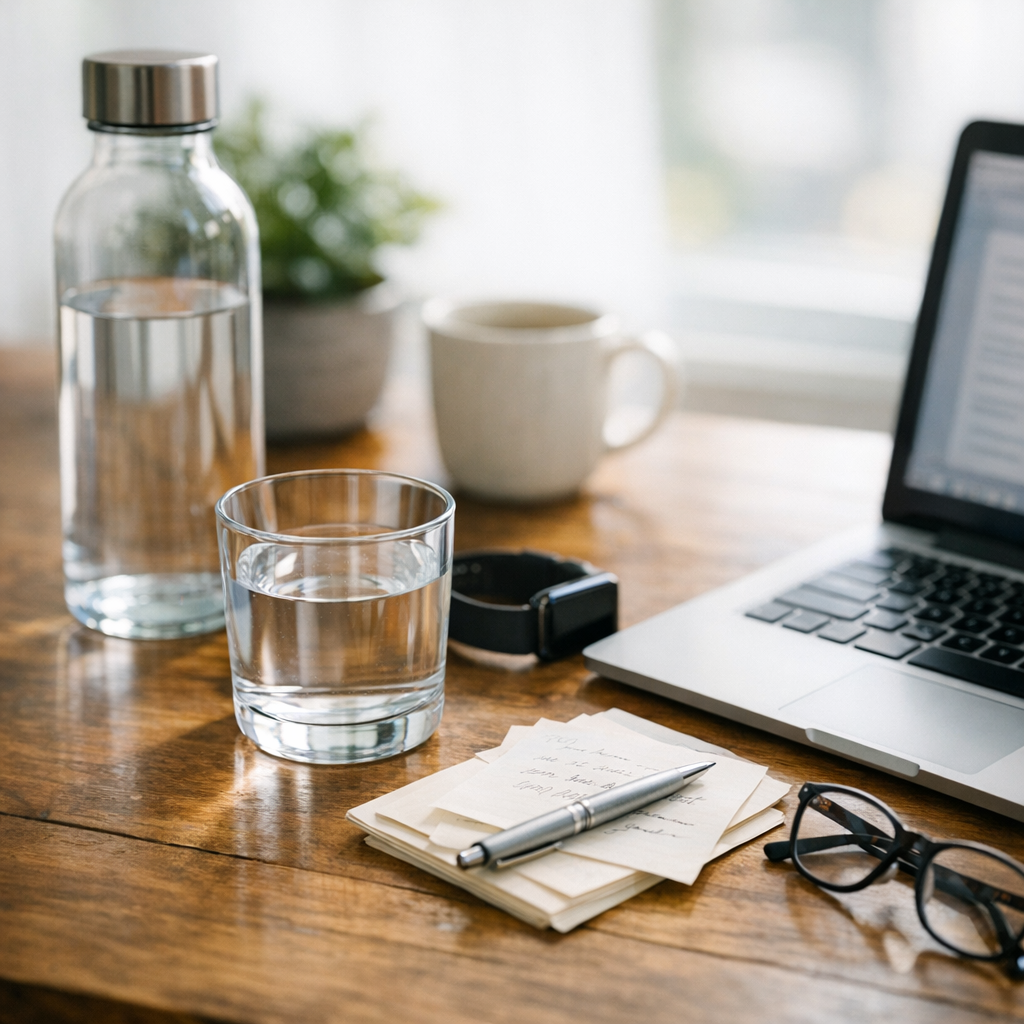 Person writing at a desk with a glass of water and phone during an afternoon reset