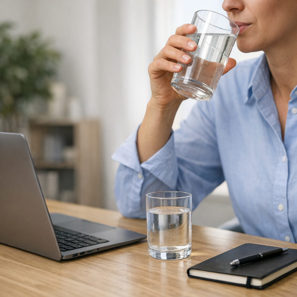 Person at a kitchen table with a glass of water and notebook during an afternoon reset