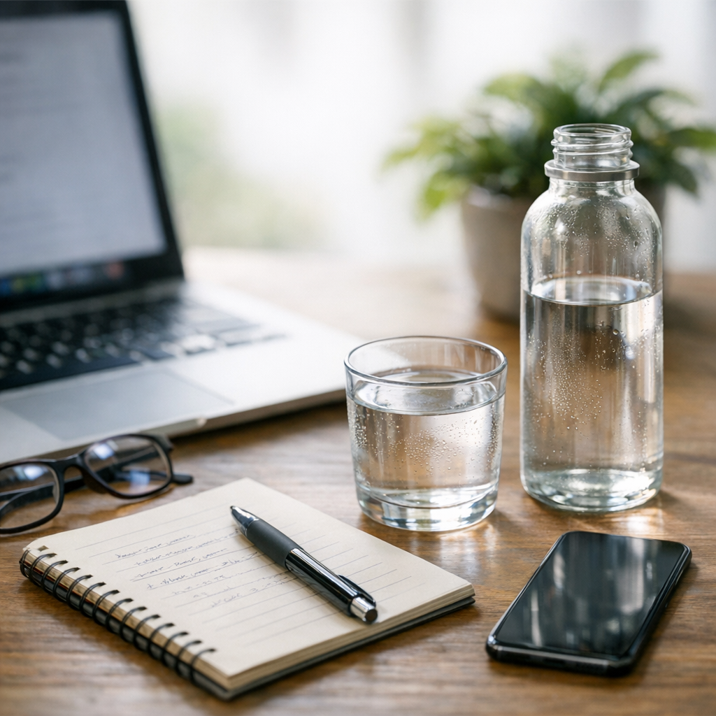 Person writing at a desk with a glass of water and phone during an afternoon reset