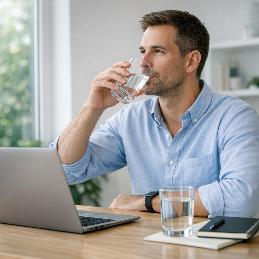 Person at a kitchen table with a glass of water and notebook during an afternoon reset