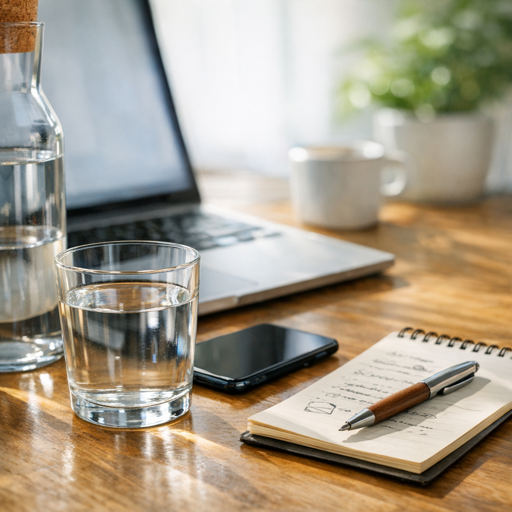 Person writing at a desk with a glass of water and phone during an afternoon reset