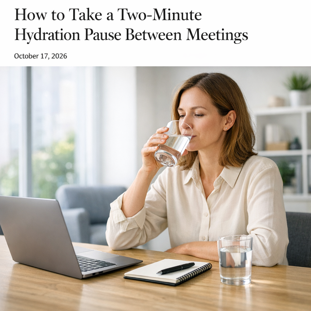 Person at a kitchen table with a glass of water and notebook during an afternoon reset