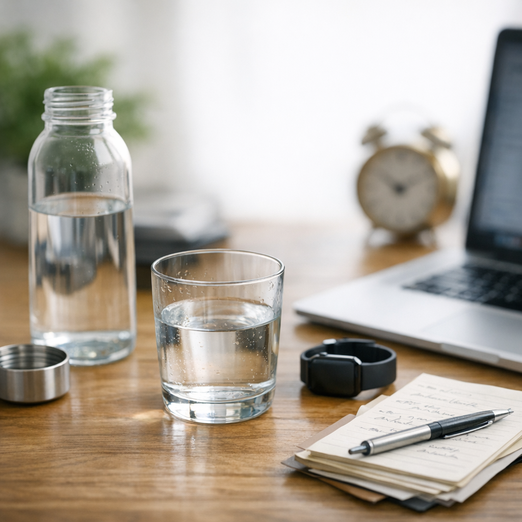 Person writing at a desk with a glass of water and phone during an afternoon reset