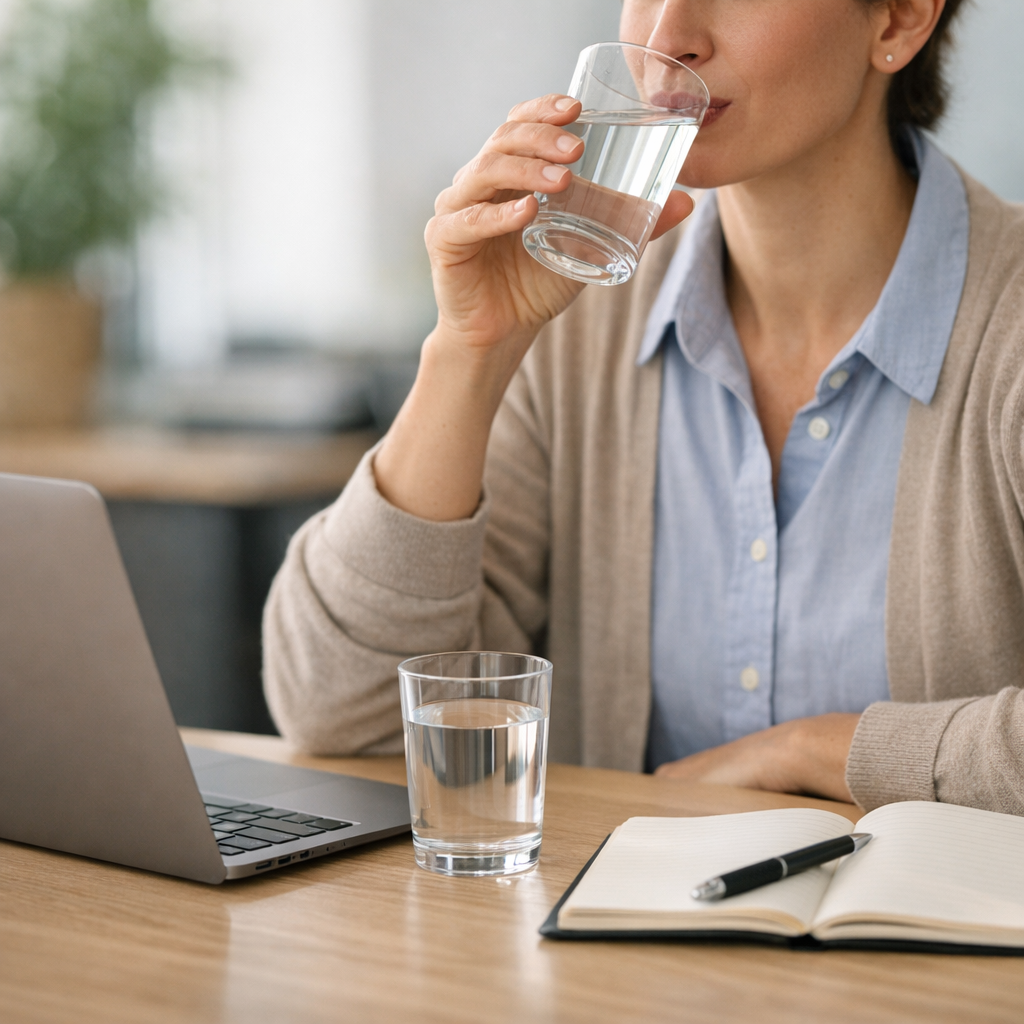Person at a kitchen table with a glass of water and notebook during an afternoon reset