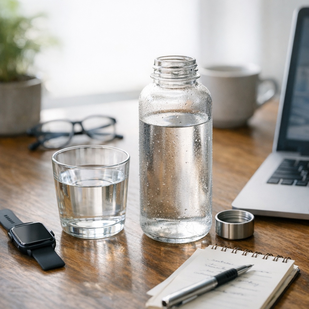 Person writing at a desk with a glass of water and phone during an afternoon reset